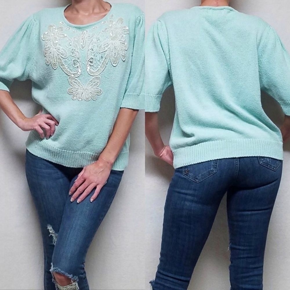 VINTAGE 80s Cervelle Aqua Sequin Bead Sweater Top